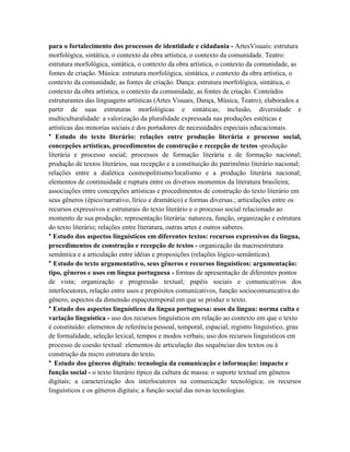 para o fortalecimento dos processos de identidade e cidadania - ArtesVisuais: estrutura
morfológica, sintática, o contexto da obra artística, o contexto da comunidade. Teatro:
estrutura morfológica, sintática, o contexto da obra artística, o contexto da comunidade, as
fontes de criação. Música: estrutura morfológica, sintática, o contexto da obra artística, o
contexto da comunidade, as fontes de criação. Dança: estrutura morfológica, sintática, o
contexto da obra artística, o contexto da comunidade, as fontes de criação. Conteúdos
estruturantes das linguagens artísticas (Artes Visuais, Dança, Música, Teatro), elaborados a
partir de suas estruturas morfológicas e sintáticas; inclusão, diversidade e
multiculturalidade: a valorização da pluralidade expressada nas produções estéticas e
artísticas das minorias sociais e dos portadores de necessidades especiais educacionais.
• Estudo do texto literário: relações entre produção literária e processo social,
concepções artísticas, procedimentos de construção e recepção de textos -produção
literária e processo social; processos de formação literária e de formação nacional;
produção de textos literários, sua recepção e a constituição do patrimônio literário nacional;
relações entre a dialética cosmopolitismo/localismo e a produção literária nacional;
elementos de continuidade e ruptura entre os diversos momentos da literatura brasileira;
associações entre concepções artísticas e procedimentos de construção do texto literário em
seus gêneros (épico/narrativo, lírico e dramático) e formas diversas.; articulações entre os
recursos expressivos e estruturais do texto literário e o processo social relacionado ao
momento de sua produção; representação literária: natureza, função, organização e estrutura
do texto literário; relações entre literatura, outras artes e outros saberes.
• Estudo dos aspectos linguísticos em diferentes textos: recursos expressivos da língua,
procedimentos de construção e recepção de textos - organização da macroestrutura
semântica e a articulação entre idéias e proposições (relações lógico-semânticas).
• Estudo do texto argumentativo, seus gêneros e recursos linguísticos: argumentação:
tipo, gêneros e usos em língua portuguesa - formas de apresentação de diferentes pontos
de vista; organização e progressão textual; papéis sociais e comunicativos dos
interlocutores, relação entre usos e propósitos comunicativos, função sociocomunicativa do
gênero, aspectos da dimensão espaçotemporal em que se produz o texto.
• Estudo dos aspectos linguísticos da língua portuguesa: usos da língua: norma culta e
variação linguística - uso dos recursos linguísticos em relação ao contexto em que o texto
é constituído: elementos de referência pessoal, temporal, espacial, registro linguístico, grau
de formalidade, seleção lexical, tempos e modos verbais; uso dos recursos linguísticos em
processo de coesão textual: elementos de articulação das sequências dos textos ou à
construção da micro estrutura do texto.
• Estudo dos gêneros digitais: tecnologia da comunicação e informação: impacto e
função social - o texto literário típico da cultura de massa: o suporte textual em gêneros
digitais; a caracterização dos interlocutores na comunicação tecnológica; os recursos
linguísticos e os gêneros digitais; a função social das novas tecnologias.
 