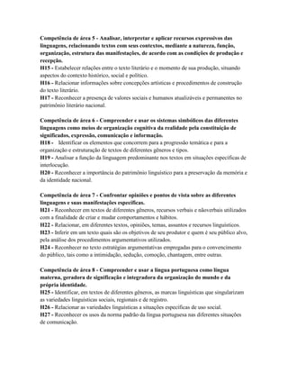 Competência de área 5 - Analisar, interpretar e aplicar recursos expressivos das
linguagens, relacionando textos com seus contextos, mediante a natureza, função,
organização, estrutura das manifestações, de acordo com as condições de produção e
recepção.
H15 - Estabelecer relações entre o texto literário e o momento de sua produção, situando
aspectos do contexto histórico, social e político.
H16 - Relacionar informações sobre concepções artísticas e procedimentos de construção
do texto literário.
H17 - Reconhecer a presença de valores sociais e humanos atualizáveis e permanentes no
patrimônio literário nacional.

Competência de área 6 - Compreender e usar os sistemas simbólicos das diferentes
linguagens como meios de organização cognitiva da realidade pela constituição de
significados, expressão, comunicação e informação.
H18 - Identificar os elementos que concorrem para a progressão temática e para a
organização e estruturação de textos de diferentes gêneros e tipos.
H19 - Analisar a função da linguagem predominante nos textos em situações específicas de
interlocução.
H20 - Reconhecer a importância do patrimônio linguístico para a preservação da memória e
da identidade nacional.

Competência de área 7 - Confrontar opiniões e pontos de vista sobre as diferentes
linguagens e suas manifestações específicas.
H21 - Reconhecer em textos de diferentes gêneros, recursos verbais e nãoverbais utilizados
com a finalidade de criar e mudar comportamentos e hábitos.
H22 - Relacionar, em diferentes textos, opiniões, temas, assuntos e recursos linguísticos.
H23 - Inferir em um texto quais são os objetivos de seu produtor e quem é seu público alvo,
pela análise dos procedimentos argumentativos utilizados.
H24 - Reconhecer no texto estratégias argumentativas empregadas para o convencimento
do público, tais como a intimidação, sedução, comoção, chantagem, entre outras.

Competência de área 8 - Compreender e usar a língua portuguesa como língua
materna, geradora de significação e integradora da organização do mundo e da
própria identidade.
H25 - Identificar, em textos de diferentes gêneros, as marcas linguísticas que singularizam
as variedades linguísticas sociais, regionais e de registro.
H26 - Relacionar as variedades linguísticas a situações específicas de uso social.
H27 - Reconhecer os usos da norma padrão da língua portuguesa nas diferentes situações
de comunicação.
 