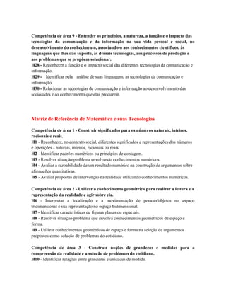 Competência de área 9 - Entender os princípios, a natureza, a função e o impacto das
tecnologias da comunicação e da informação na sua vida pessoal e social, no
desenvolvimento do conhecimento, associando-o aos conhecimentos científicos, às
linguagens que lhes dão suporte, às demais tecnologias, aos processos de produção e
aos problemas que se propõem solucionar.
H28 - Reconhecer a função e o impacto social das diferentes tecnologias da comunicação e
informação.
H29 - Identificar pela análise de suas linguagens, as tecnologias da comunicação e
informação.
H30 - Relacionar as tecnologias de comunicação e informação ao desenvolvimento das
sociedades e ao conhecimento que elas produzem.




Matriz de Referência de Matemática e suas Tecnologias

Competência de área 1 - Construir significados para os números naturais, inteiros,
racionais e reais.
H1 - Reconhecer, no contexto social, diferentes significados e representações dos números
e operações - naturais, inteiros, racionais ou reais.
H2 - Identificar padrões numéricos ou princípios de contagem.
H3 - Resolver situação-problema envolvendo conhecimentos numéricos.
H4 - Avaliar a razoabilidade de um resultado numérico na construção de argumentos sobre
afirmações quantitativas.
H5 - Avaliar propostas de intervenção na realidade utilizando conhecimentos numéricos.

Competência de área 2 - Utilizar o conhecimento geométrico para realizar a leitura e a
representação da realidade e agir sobre ela.
H6 - Interpretar a localização e a movimentação de pessoas/objetos no espaço
tridimensional e sua representação no espaço bidimensional.
H7 - Identificar características de figuras planas ou espaciais.
H8 - Resolver situação-problema que envolva conhecimentos geométricos de espaço e
forma.
H9 - Utilizar conhecimentos geométricos de espaço e forma na seleção de argumentos
propostos como solução de problemas do cotidiano.

Competência de área 3 - Construir noções de grandezas e medidas para a
compreensão da realidade e a solução de problemas do cotidiano.
H10 - Identificar relações entre grandezas e unidades de medida.
 