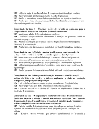 H11 - Utilizar a noção de escalas na leitura de representação de situação do cotidiano.
H12 - Resolver situação-problema que envolva medidas de grandezas.
H13 - Avaliar o resultado de uma medição na construção de um argumento consistente.
H14 - Avaliar proposta de intervenção na realidade utilizando conhecimentos geométricos
relacionados a grandezas e medidas.

Competência de área 4 - Construir noções de variação de grandezas para a
compreensão da realidade e a solução de problemas do cotidiano.
H15 - Identificar a relação de dependência entre grandezas.
H16 - Resolver situação-problema envolvendo a variação de grandezas, direta ou
inversamente proporcionais.
H17 - Analisar informações envolvendo a variação de grandezas como recurso para a
construção de argumentação.
H18 - Avaliar propostas de intervenção na realidade envolvendo variação de grandezas.

Competência de área 5 - Modelar e resolver problemas que envolvem variáveis
socioeconômicas ou técnico-científicas, usando representações algébricas.
H19 - Identificar representações algébricas que expressem a relação entre grandezas.
H20 - Interpretar gráfico cartesiano que represente relações entre grandezas.
H21 - Resolver situação-problema cuja modelagem envolva conhecimentos algébricos.
H22 - Utilizar conhecimentos algébricos/geométricos como recurso para a construção de
argumentação.
H23 - Avaliar propostas de intervenção na realidade utilizando conhecimentos algébricos.

Competência de área 6 - Interpretar informações de natureza científica e social
obtidas da leitura de gráficos e tabelas, realizando previsão de tendência,
extrapolação, interpolação e interpretação.
H24 - Utilizar informações expressas em gráficos ou tabelas para fazer inferências.
H25 - Resolver problema com dados apresentados em tabelas ou gráficos.
H26 - Analisar informações expressas em gráficos ou tabelas como recurso para a
construção de argumentos.

Competência de área 7 - Compreender o caráter aleatório e não determinístico dos
fenômenos naturais e sociais e utilizar instrumentos adequados para medidas,
determinação de amostras e cálculos de probabilidade para interpretar informações
de variáveis apresentadas em uma distribuição estatística.
H27 - Calcular medidas de tendência central ou de dispersão de um conjunto de dados
expressos em uma tabela de frequências de dados agrupados (não em classes) ou em
gráficos.
H28 - Resolver situação-problema que envolva conhecimentos de estatística e
 