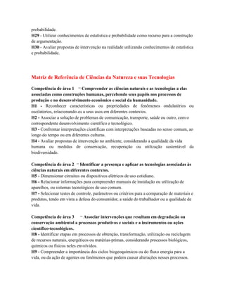 probabilidade.
H29 - Utilizar conhecimentos de estatística e probabilidade como recurso para a construção
de argumentação.
H30 - Avaliar propostas de intervenção na realidade utilizando conhecimentos de estatística
e probabilidade.




Matriz de Referência de Ciências da Natureza e suas Tecnologias

Competência de área 1 – Compreender as ciências naturais e as tecnologias a elas
associadas como construções humanas, percebendo seus papéis nos processos de
produção e no desenvolvimento econômico e social da humanidade.
H1 - Reconhecer características ou propriedades de fenômenos ondulatórios ou
oscilatórios, relacionando-os a seus usos em diferentes contextos.
H2 - Associar a solução de problemas de comunicação, transporte, saúde ou outro, com o
correspondente desenvolvimento científico e tecnológico.
H3 - Confrontar interpretações científicas com interpretações baseadas no senso comum, ao
longo do tempo ou em diferentes culturas.
H4 - Avaliar propostas de intervenção no ambiente, considerando a qualidade da vida
humana ou medidas de conservação, recuperação ou utilização sustentável da
biodiversidade.

Competência de área 2 – Identificar a presença e aplicar as tecnologias associadas às
ciências naturais em diferentes contextos.
H5 - Dimensionar circuitos ou dispositivos elétricos de uso cotidiano.
H6 - Relacionar informações para compreender manuais de instalação ou utilização de
aparelhos, ou sistemas tecnológicos de uso comum.
H7 - Selecionar testes de controle, parâmetros ou critérios para a comparação de materiais e
produtos, tendo em vista a defesa do consumidor, a saúde do trabalhador ou a qualidade de
vida.

Competência de área 3 – Associar intervenções que resultam em degradação ou
conservação ambiental a processos produtivos e sociais e a instrumentos ou ações
científico-tecnológicos.
H8 - Identificar etapas em processos de obtenção, transformação, utilização ou reciclagem
de recursos naturais, energéticos ou matérias-primas, considerando processos biológicos,
químicos ou físicos neles envolvidos.
H9 - Compreender a importância dos ciclos biogeoquímicos ou do fluxo energia para a
vida, ou da ação de agentes ou fenômenos que podem causar alterações nesses processos.
 