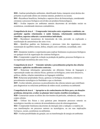 H10 - Analisar perturbações ambientais, identificando fontes, transporte e(ou) destino dos
poluentes ou prevendo efeitos em sistemas naturais, produtivos ou sociais.
H11 - Reconhecer benefícios, limitações e aspectos éticos da biotecnologia, considerando
estruturas e processos biológicos envolvidos em produtos biotecnológicos.
H12 - Avaliar impactos em ambientes naturais decorrentes de atividades sociais ou
econômicas, considerando interesses contraditórios.

Competência de área 4 – Compreender interações entre organismos e ambiente, em
particular aquelas relacionadas à saúde humana, relacionando conhecimentos
científicos, aspectos culturais e características individuais.
H13 - Reconhecer mecanismos de transmissão da vida, prevendo ou explicando a
manifestação de características dos seres vivos.
H14 - Identificar padrões em fenômenos e processos vitais dos organismos, como
manutenção do equilíbrio interno, defesa, relações com o ambiente, sexualidade, entre
outros.
H15 - Interpretar modelos e experimentos para explicar fenômenos ou processos biológicos
em qualquer nível de organização dos sistemas biológicos.
H16 - Compreender o papel da evolução na produção de padrões, processos biológicos ou
na organização taxonômica dos seres vivos.

Competência de área 5 – Entender métodos e procedimentos próprios das ciências
naturais e aplicá-los em diferentes contextos.
H17 - Relacionar informações apresentadas em diferentes formas de linguagem e
representação usadas nas ciências físicas, químicas ou biológicas, como texto discursivo,
gráficos, tabelas, relações matemáticas ou linguagem simbólica.
H18 - Relacionar propriedades físicas, químicas ou biológicas de produtos, sistemas ou
procedimentos tecnológicos às finalidades a que se destinam.
H19 - Avaliar métodos, processos ou procedimentos das ciências naturais que contribuam
para diagnosticar ou solucionar problemas de ordem social, econômica ou ambiental.

Competência de área 6 – Apropriar-se de conhecimentos da física para, em situações
problema, interpretar, avaliar ou planejar intervenções científico-tecnológicas.
H20 - Caracterizar causas ou efeitos dos movimentos de partículas, substâncias, objetos ou
corpos celestes.
H21 - Utilizar leis físicas e (ou) químicas para interpretar processos naturais ou
tecnológicos inseridos no contexto da termodinâmica e(ou) do eletromagnetismo.
H22 - Compreender fenômenos decorrentes da interação entre a radiação e a matéria em
suas manifestações em processos naturais ou tecnológicos, ou em suas implicações
biológicas, sociais, econômicas ou ambientais.
H23 - Avaliar possibilidades de geração, uso ou transformação de energia em ambientes
 