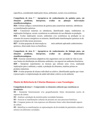 específicos, considerando implicações éticas, ambientais, sociais e/ou econômicas.

Competência de área 7 – Apropriar-se de conhecimentos da química para, em
situações     problema,      interpretar,    avaliar     ou     planejar      intervenções
científicotecnológicas.
H24 - Utilizar códigos e nomenclatura da química para caracterizar materiais, substâncias
ou transformações químicas.
H25 - Caracterizar materiais ou substâncias, identificando etapas, rendimentos ou
implicações biológicas, sociais, econômicas ou ambientais de sua obtenção ou produção.
H26 - Avaliar implicações sociais, ambientais e/ou econômicas na produção ou no
consumo de recursos energéticos ou minerais, identificando transformações químicas ou de
energia envolvidas nesses processos.
H27 - Avaliar propostas de intervenção no       meio ambiente aplicando conhecimentos
químicos, observando riscos ou benefícios.

Competência de área 8 – Apropriar-se de conhecimentos da biologia para, em
situações     problema,       interpretar,     avaliar    ou      planejar    intervenções
científicotecnológicas.
H28 - Associar características adaptativas dos organismos com seu modo de vida ou com
seus limites de distribuição em diferentes ambientes, em especial em ambientes brasileiros.
H29 - Interpretar experimentos ou técnicas que utilizam seres vivos, analisando
implicações para o ambiente, a saúde, a produção de alimentos, matérias primas ou
produtos industriais.
H30 - Avaliar propostas de alcance individual ou coletivo, identificando aquelas que visam
à preservação e a implementação da saúde individual, coletiva ou do ambiente.



Matriz de Referência de Ciências Humanas e suas Tecnologias

Competência de área 1 - Compreender os elementos culturais que constituem as
identidades
H1 - Interpretar historicamente e/ou geograficamente fontes documentais acerca de
aspectos da cultura.
H2 - Analisar a produção da memória pelas sociedades humanas.
H3 - Associar as manifestações culturais do presente aos seus processos históricos.
H4 - Comparar pontos de vista expressos em diferentes fontes sobre determinado aspecto
da cultura.
H5 - Identificar as manifestações ou representações da diversidade do patrimônio cultural e
artístico em diferentes sociedades.
 
