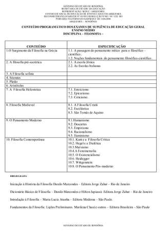 GOVERNO DO EST ADO DE RONDÔNIA
                                              SECRETARIA DE EST ADO DA EDUCAÇÃO
                                               REPRESENT AÇÃO / SEDUC / ARIQUEMES
                                CENT RO EST ADUAL DE EDUCAÇÃO DE JOVENS E ADULT OS ARIQUEMES
                               RECONHECIDO PELO PARECER Nº 101/98 E RESOLUÇÃO Nº 083 / 98 / CEE /RO
                                         PORTARIA TELENSINO 653/GAB/SEDUC DE 13/06/2008
                                                    ARIQUEMES - RONDÔNIA

            CONTEÚDO PROGRAMÁTICO DOS EXAMES DE SUPLÊNCIA DE EDUCAÇÃO GERAL
                                     ENSINO MÉDIO
                                DISCIPLINA – FILOSOFIA –



              CONTEÚDO                                                    ESPECIFICAÇÃO
1.O Surgimento da Filosofia na Grécia              1.1. A passagem do pensamento mítico para o filosófico –
                                                   científico .
                                                   1.2. Noções fundamentais do pensamento filosófico-científico .
2. A filosofia pré-socrática                       2.1. A escola Jônica
                                                   2.2. As Escolas Italianas

3. A Filosofia sofista
4. Sócrates
5. Platão
6. Aristóteles
7. A Filosofia Helenística                         7.1. Estoicismo
                                                   7.2. Epicurismo
                                                   7.3. Ceticismo.

8. Filosofia Medieval                              8.1. A Filosofia Cristã
                                                   8.2. Escolástica
                                                   8.3. São Tomás de Aquino

9. O Pensamento Moderno                            9.1.Humanismo
                                                   9.2. Descartes
                                                   9.3. Empirismo
                                                   9.4. Racionalismo
                                                   9.5. Iluminismo
10. Filosofia Contemporânea                        10.1. Kant e a Filosofia Crítica
                                                   10.2. Hegel e a Dialética
                                                   10.3.Marxismo
                                                   10.4.A Fenomemolia
                                                   10.5. O Existencialismo
                                                   10.6. Heidegger
                                                   10.7. Wittgenstein
                                                   10.8. O Pensamento Pós- moderno

   BIBLIOGRAFIA


   Iniciação à História da Filosofia Danilo Marcondes – Editora Jorge Zahar – Rio de Janeiro

   Dicionário Básico de Filosofia – Danilo Marcondes e Hilton Japiassú Editora Jorge Zahar – Rio de Janeiro

   Introdução à Filosofia – Maria Lucia Aranha – Editora Moderna – São Paulo.

   Fundamentos da Filosofia: Lições Preliminares. Marilena Chauí e outros – Editora Brasileira – São Paulo




                                               GOVERNO DO EST ADO DE RONDÔNIA
 