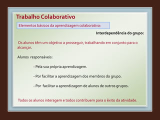 Trabalho Colaborativo
Interdependência do grupo:
Os alunos têm um objetivo a prosseguir, trabalhando em conjunto para o
alcançar.
Alunos responsáveis:
- Pela sua própria aprendizagem.
- Por facilitar a aprendizagem dos membros do grupo.
- Por facilitar a aprendizagem de alunos de outros grupos.
Todos os alunos interagem e todos contribuem para o êxito da atividade.
Elementos básicos da aprendizagem colaborativa:
 