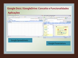Google Docs / GoogleDrive: Conceito e Funcionalidades
Google Presentations
Google Spreadsheets
Aplicações
 