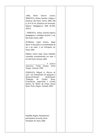 LIMA,     Maria     Socorro    Lucena,
PIMENTA, Selma Garrido. Estágio e
Docência. São Paulo: Cortez, 2004. 296
p. 16 X 23 cm, (Docência em formação.
Saberes Pedagógicos.) INSB 85-249-
1070-4.

, PIMENTA, Selma Garrido.Saberes
pedagógicos e atividade docente. 5 ed.
São Paulo: Cortez, 2007

PETRAGLIA, Izabel Cristina. Edgar
Morin: A educação e a complexidade do
ser e do saber. 5 ed. Petrópolis, RJ:
Vozes, 2001.

ZABALA, Antoni (org). Como trabalhar
conteúdos procedimentais em aula. 2
ed. São Paulo: Artmed, 1999.

___________________. A prática
educativa: Como ensinar. Porto
Alegre: Artmed, 1998.

ZABALZA, Miguel A. Diários de
aula: um instrumento de pesquisa e
desenvolvimento         profissional.
Tradução     de     Ernane     Rosa.
Consultoria, supervisão e revisão
técnica de Maria da Graça Souza
Horn. Porto Alegre: Artmed, 2004.




DALMÁS, Ângelo. Planejamento
participativo na escola. 10 ed.
Petrópolis, RJ: Vozes, 2002



.
 