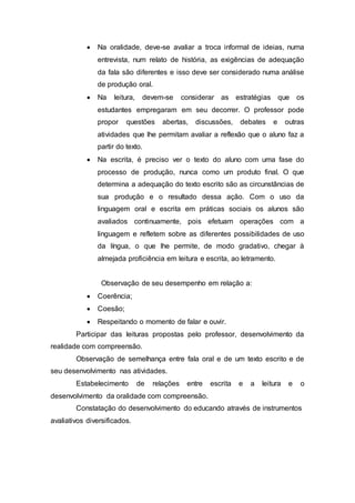  Na oralidade, deve-se avaliar a troca informal de ideias, numa
entrevista, num relato de história, as exigências de adequação
da fala são diferentes e isso deve ser considerado numa análise
de produção oral.
 Na leitura, devem-se considerar as estratégias que os
estudantes empregaram em seu decorrer. O professor pode
propor questões abertas, discussões, debates e outras
atividades que lhe permitam avaliar a reflexão que o aluno faz a
partir do texto.
 Na escrita, é preciso ver o texto do aluno com uma fase do
processo de produção, nunca como um produto final. O que
determina a adequação do texto escrito são as circunstâncias de
sua produção e o resultado dessa ação. Com o uso da
linguagem oral e escrita em práticas sociais os alunos são
avaliados continuamente, pois efetuam operações com a
linguagem e refletem sobre as diferentes possibilidades de uso
da língua, o que lhe permite, de modo gradativo, chegar à
almejada proficiência em leitura e escrita, ao letramento.
Observação de seu desempenho em relação a:
 Coerência;
 Coesão;
 Respeitando o momento de falar e ouvir.
Participar das leituras propostas pelo professor, desenvolvimento da
realidade com compreensão.
Observação de semelhança entre fala oral e de um texto escrito e de
seu desenvolvimento nas atividades.
Estabelecimento de relações entre escrita e a leitura e o
desenvolvimento da oralidade com compreensão.
Constatação do desenvolvimento do educando através de instrumentos
avaliativos diversificados.
 