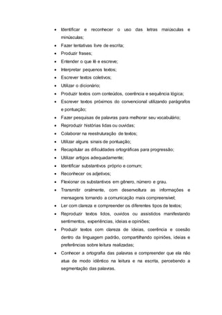  Identificar e reconhecer o uso das letras maiúsculas e
minúsculas;
 Fazer tentativas livre de escrita;
 Produzir frases;
 Entender o que lê e escreve;
 Interpretar pequenos textos;
 Escrever textos coletivos;
 Utilizar o dicionário;
 Produzir textos com conteúdos, coerência e sequência lógica;
 Escrever textos próximos do convencional utilizando parágrafos
e pontuação;
 Fazer pesquisas de palavras para melhorar seu vocabulário;
 Reproduzir histórias lidas ou ouvidas;
 Colaborar na reestruturação de textos;
 Utilizar alguns sinais de pontuação;
 Recapitular as dificuldades ortográficas para progressão;
 Utilizar artigos adequadamente;
 Identificar substantivos próprio e comum;
 Reconhecer os adjetivos;
 Flexionar os substantivos em gênero, número e grau.
 Transmitir oralmente, com desenvoltura as informações e
mensagens tornando a comunicação mais compreensível;
 Ler com clareza e compreender os diferentes tipos de textos;
 Reproduzir textos lidos, ouvidos ou assistidos manifestando
sentimentos, experiências, ideias e opiniões;
 Produzir textos com clareza de ideias, coerência e coesão
dentro da linguagem padrão, compartilhando opiniões, ideias e
preferências sobre leitura realizadas;
 Conhecer a ortografia das palavras e compreender que ela não
atua de modo idêntico na leitura e na escrita, percebendo a
segmentação das palavras.
 