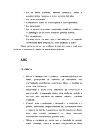  Ler de forma autônoma, histórias conhecidas, relatos e
acontecimentos, mantendo a ordem temporal dos fatos;
 Ler para compreender;
 Compreender o texto de maneira global e não fragmentada;
 Ler para revisar;
 Ler de forma independente, resgatando o significado e utilizando
as estratégias de leitura nos diferentes gêneros textuais;
 Ler para escrever;
 Escrever textos que demonstre o uso adequado da ortografia
convencional tanto em palavras, como em frases e textos;
Esses elementos devem ser avaliados levando em conta o rendimento
do aluno, com base nos critérios de avaliação do professor.
5º ANO
OBJETIVOS
 Utilizar a linguagem oral com clareza, conferindo significado aos
textos, participando de situações de intercambio oral,
manifestando experiências, sentimentos, ideias e opiniões de
forma clara e ordenada;
 Reconhecer a leitura como instrumento de comunicação e
compreensão, empregando dados para confirmar sentido e
recursos para resolução de duvidas, utilizando diferentes
objetivos;
 Produzir texto considerando o destinatário, a finalidade e o
gênero, introduzindo progressivamente seu conhecimento sobre
o sistema da escrita, realizando por escrito, resumos de textos
lidos e/ou ouvidos, preservando as ideias principais,
demonstrando compreensão global do texto;
 Utilizar a estratégia da escrita com a finalidade de produzir
textos coerentes, coesos e eficazes, interpretando as ideias
 