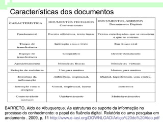 Características dos documentos BARRETO, Aldo de Albuquerque. As estruturas de suporte da informação no processo do conheci...