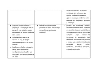escrito todo em letra de imprensa
                                                                            minúscula, sem os brancos que
                                                                            indicam paragrafo ou travessão,
                                                                            apenas os espaços em branco entre
                                                                            palavras, para discutirem e decidirem
                                                                            a pontuação.
Entender como o advérbio, a         Relação lógico-discursivas         1.   Durante   as     produções       textuais,
preposição e a conjunção une um     presentes no texto, marcadas por        estabelecer relações entre partes de
parágrafo e as relações que se      conjunções, preposições e               um texto identificando substituições e
estabelecem de sentido entre uma    advérbios.                              compreendendo que as conjunções
ideia e outra.                                                              cumprem         papel         decisivo na
Compreender a relação de                                                    construção     da    textualidade.   São
coesão, ou seja, de ligação                                                 elementos articuladores de palavras
dessas palavras, entre as partes                                            e ideias, que explicitam relações de
do texto.                                                                   oposições,          adição,       causa,
Estabelecer relações entre partes                                           conclusão..., tornando o texto claro,
de um texto, identificando                                                  articulado e coerente.
repetições ou substituições que
contribuem para a continuidade de
um texto.
 