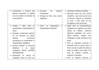Compreender        a    estrutura         das   Formação         de       palavras   Atividades de reflexão ortográfica.
palavras compostas, as classes                  (composição)                         Discussão acerca do novo acordo
que as compõem na formação de                   Emprego do hífen (novo acordo        ortográfico, o que muda no jeito novo
novas palavras.                                 ortográfico)                         de escrever, observar as situações
                                                                                     às quais o hífen deixa de ser
                                                                                     empregado e quais permanece.
Analisar      e   refletir        sobre    as   Casos     de    regularidades   e    Eleger quais as correspondências
regularidades e irregularidades da              irregularidades contextuais          irregulares e as regulares, que serão
língua                                                                               objetos        de     reflexão,     utilizando
Empregar corretamente palavras                                                       diferentes      estratégias       tais    como:
de   uso      frequente       em     textos,                                         ditado     interativo,        releitura    com
histórias                     conhecidas,                                            focalização e revisão individual e em
considerando as regularidades e                                                      grupo.
irregularidades ortográficas.                                                        Para as irregulares promover a
Escrever segundo os princípios                                                       discussão entre os alunos sobre a
alfabéticos       e          as      regras                                          forma correta de grafar tal palavra,
ortográficas      (NOVO           ACORDO                                             tendo de justificar suas ideias. Em
ORTOGRÁFICO)                                                                         caso      de        impasse     consultar    o
Representar        as        marcas       de                                         professor ou dicionário.
nasalidade, reduzir os erros por                                                     Para      as    regulares       promover     a
 