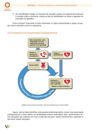 Unidade 1 – Primeiros Socorros e atendimento pré-hospitalar 
20 
yy Se o desfibrilador chegar, no momento de reavaliar o pulso, na ausência de sinais que 
o coração voltou a funcionar, colocar as pás do desfibrilador na vítima e aguardar as 
instruções do aparelho. 
Ficou confuso? Esta parte é muito importante e a figura apresentada a seguir vai aju-dar 
você a entender como é a sequência. 
1.2.5 Sequência da Reanimação Cardiopulmonar 
Fonte: America Heart Association. SBV para profissionais de saúde (2008). 
Fonte: America Heart Association. SBV para profissionais de saúde (2008). 
Agora, você já sabe identificar uma parada cardiorrespiratória, iniciar uma reanimação 
cardiopulmonar e como utilizar um desfibrilador externo automático. Mas, ainda existem ou-tras 
situações que colocam em risco a vida das pessoas. Vamos conhecê-las e aprender o 
que fazer nestas situações! 
 