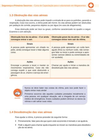 21 
Segurança e Primeiros Socorros – Curso de Capacitação para o voluntariado em Megaeventos 
1.3 Obstrução das vias aéreas 
A obstrução das vias aéreas pode impedir a entrada de ar para os pulmões, parando a 
respiração, Caso isso ocorra, a vitima pode até morrer. As vias aéreas podem ser obstruídas 
por pedaços de comida, pequenos objetos ou por água (no caso de afogamento). 
Essa obstrução pode ser leve ou grave, conforme caracterizado no quadro a seguir. 
Examine-o com atenção. 
Obstrução leve da via aérea – O ar ainda 
consegue entrar e sair. 
Obstrução grave da via aérea – O ar não 
consegue entrar nem sair da vítima. 
Sinais 
A pessoa pode apresentar um chiado no 
peito, ainda consegue tossir e falar alguma 
coisa. 
Sinais 
A pessoa pode apresentar um ruído bem 
agudo (fino) ou nenhum ruído, não conse-gue 
falar ou tossir e pode começar a apre-sentar 
cianose (lábios ou extremidades de 
cor azulada). 
Ações 
Encorajar a pessoa a tossir e manter os 
movimentos respiratórios. Caso ela não 
consiga expelir o que está obstruindo a 
passagem do ar, chame o serviço de emer-gência. 
Ações 
Chamar por ajuda e iniciar a manobra de 
desobstrução das vias aéreas. 
Nunca se deve bater nas costas da vítima, pois isso pode fazer o 
objeto entrar mais ainda! 
Primeiros socorros são aqueles cuidados prestados inicialmente a 
uma pessoa, em qualquer situação, até a chegada de um serviço 
médico de emergência. Esses cuidados podem diminuir os danos às 
vitimas e até salvar suas vidas. 
1.4 Desobstrução das vias aéreas 
Para ajudar a vítima, é preciso proceder da seguinte forma: 
yy Primeiramente, falar para ela que quem está socorrendo é treinado e vai ajudá-la. 
yy Pedir a alguém para chamar ajuda enquanto se iniciam as manobras para desobstru-ção 
da via aérea. 
 