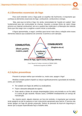 Segurança e Primeiros Socorros – Curso de Capacitação para o voluntariado em Megaeventos 
41 
4.1 Elementos essenciais do fogo 
Para você entender como o fogo pode se espalhar tão facilmente, é importante que 
conheça os elementos essenciais do fogo: combustível, comburente e energia. 
Mas, para que se tenha o fogo, há, ainda, necessidade da “reação em cadeia”, fator 
fundamental para dar continuidade às chamas. Quando a energia (fonte de calor) chega 
próximo ao material combustível, tem-se a quebra das moléculas e a liberação dos radicais 
livres que irão reagir com o oxigênio e assim iniciar a combustão. 
A figura apresentada, a seguir, contribui para tornar mais clara a relação entre esses 
elementos básicos que acabamos de comentar. Examine-a com atenção. 
COMBURENTE 
(Oxigênio do ar) 
REAÇÃO EM 
CADEIA 
ENERGIA 
COMBUSTÍVEL 
(Álcool, gasolina, 
madeira, papel) 
(faísca de fogo, cigarro aceso, descarga elétrica) 
Fonte: Manual de Combate a Incêndio do CBMDF (2009). 
Atendimento hospitalar do CBMDF 
4.2 Ações preventivas 
Prevenir é sempre melhor que remediar ou, neste caso, apagar o fogo! 
Medidas simples podem impedir ou reduzir significativamente a gravidade do incêndio, 
como, por exemplo: 
yy Ter cuidado com fogos de artifício ou sinalizadores. 
yy Fazer o descarte adequado do cigarro. 
yy Estar atento a fontes de energia desprotegidas (como uma tomada ou um fio solto) 
e a canos de gás vazando. Nesses casos, CHAMAR imediatamente um serviço de 
manutenção. 
Se, mesmo assim, alguém detectar um foco de incêndio, é importante que somente 
tente apagá-lo se ele for pequeno e tiver instrumento apropriado para fazê-lo. É preciso não 
tentar apagar um fogo de grande proporção. Retirar as pessoas do local em segurança e 
deixar que a equipe especializada faça o trabalho dela. 
 