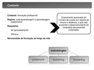 Crescimento acentuado do número de cursos em regime de ensino a distância, o que veio aumentar o desenvolvimento de conteúdos educacionais multimédia.Contexto: formação profissionalRegime: auto-aprendizagem e aprendizagem colaborativaRequisitos: 	ter aproveitamento 	35h/anoNecessidade de formação ao longo da vidaContextometodologiaspresencialeLearningbLearning