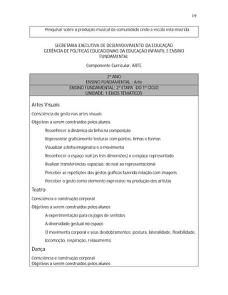 19


   •
   Pesquisar sobre a produção musical da comunidade onde a escola está inserida.


          SECRETARIA EXECUTIVA DE DESENVOLVIMENTO DA EDUCAÇÃO
      GERÊNCIA DE POLÍTICAS EDUCACIONAIS DA EDUCAÇÃO INFANTIL E ENSINO
                                FUNDAMENTAL

                             Componente Curricular: ARTE

                                     2º ANO
                            ENSINO FUNDAMENTAL : Arte
                    ENSINO FUNDAMENTAL: 2ª ETAPA DO 1º CICLO
                           UNIDADE: 1 EIXOS TEMÁTICOS

Artes Visuais
Consciência do gesto nas artes visuais
Objetivos a serem construídos pelos alunos
   •
   Reconhecer a dinâmica da linha na composição
   •
   Representar graficamente texturas com pontos, linhas e formas
   •
   Visualizar a linha imaginária e o movimento
   •
   Reconhecer o espaço real (as três dimensões) e o espaço representado
   • transferências espaciais: do real ao representacional
   Realizar
   •
   Perceber as repetições dos gestos gráficos fazendo relação com imagens
   •
   Perceber o gesto como elemento expressivo na produção dos artistas
Teatro
Consciência e construção corporal
Objetivos a serem construídos pelos alunos
   •
   A experimentação para os jogos de sentidos
   •
   A diversidade gestual no espaço
   •
   O movimento corporal e seus desdobramentos: postura, lateralidade, flexibilidade,
       locomoção, respiração, relaxamento.
Dança
Consciência e construção corporal
Objetivos a serem construídos pelos alunos
 