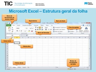 Microsoft Excel – Estrutura geral da folha
Modos de
visualização
da folha
Folhas ativas
Caixa nome
Célula ativa
Friso de opções
Barra de fórmulas
Separadores
Barra de
ferramentas de
acesso rápido
Barra de título
 