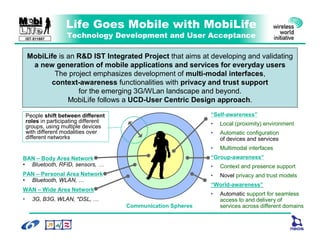 Life Goes Mobile with MobiLife
                    Technology Development and User Acceptance
    IST-511607



    MobiLife is an R&D IST Integrated Project that aims at developing and validating
     a new generation of mobile applications and services for everyday users
            The project emphasizes development of multi-modal interfaces,
           context-awareness functionalities with privacy and trust support
                   for the emerging 3G/WLan landscape and beyond.
                MobiLife follows a UCD-User Centric Design approach.
                                                               “Self-awareness”
    People shift between different
    roles in participating different                           •   Local (proximity) environment
    groups, using multiple devices
    with different modalities over                             •   Automatic configuration
    different networks                                             of devices and services
                                                               •   Multimodal interfaces
                                                               “Group-awareness”
BAN – Body Area Network
• Bluetooth, RFID, sensors, …                                  •   Context and presence support
PAN – Personal Area Network                                    •   Novel privacy and trust models
• Bluetooth, WLAN, …
                                                               “World-awareness”
WAN – Wide Area Network
                                                               •   Automatic support for seamless
•      3G, B3G, WLAN, *DSL, …                                      access to and delivery of
                                       Communication Spheres       services across different domains