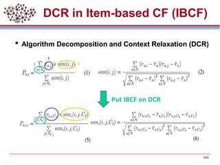 DCR in Item-based CF (IBCF)
 Algorithm Decomposition and Context Relaxation (DCR)
Put IBCF on DCR
1
2
3
103
 