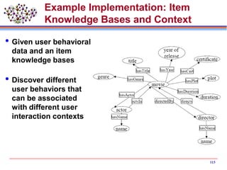 Example Implementation: Item
Knowledge Bases and Context
Given user behavioral
data and an item
knowledge bases
Discover different
user behaviors that
can be associated
with different user
interaction contexts
115
 