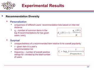 129
Experimental Results
 Recommendation Diversity
 Personalization
 uniqueness of different users’ recommendation lists based on inter-list
distance
 qij - number of common items in the
top N recommendations for two given
users i and j
 Surprisal
 unexpectedness of a recommended item relative to its overall popularity
 i – given item in a user’s
recommendation list
 frequencyi – number of overall positive
ratings for i divided by the total number
of users
( )
( ) 1
ij
ij
q N
d N
N
 
2
1
lo g ( )i
i
I
freq u en cy

 