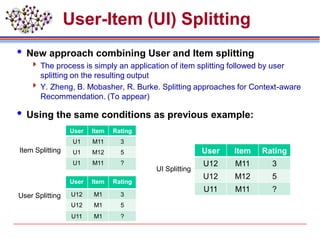 User-Item (UI) Splitting
 New approach combining User and Item splitting
 The process is simply an application of item splitting followed by user
splitting on the resulting output
 Y. Zheng, B. Mobasher, R. Burke. Splitting approaches for Context-aware
Recommendation. (To appear)
 Using the same conditions as previous example:
User Item Rating
U12 M11 3
U12 M12 5
U11 M11 ?
User Item Rating
U1 M11 3
U1 M12 5
U1 M11 ?
User Item Rating
U12 M1 3
U12 M1 5
U11 M1 ?
User Splitting
UI Splitting
Item Splitting
 