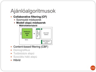 Ajánlóalgoritmusok
 Collaborative filtering (CF)
 Szomszéd módszerek
 Modell alapú módszerek
 Mátrixfaktorizáció
 Content-based filtering (CBF)
 Demografikus
 Tudásbázis alapú
 Szociális háló alapú
 Hibrid
3/32
 