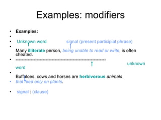 Examples: modifiers Examples:  Unknown word   signal (present participial phrase)   Many   illiterate   person,  being unable to read or write , is often cheated. ------------------------------------------------------------    unknown word Buffaloes, cows and horses are   herbivorous  animals  that feed only on plants . signal  :  (clause) 