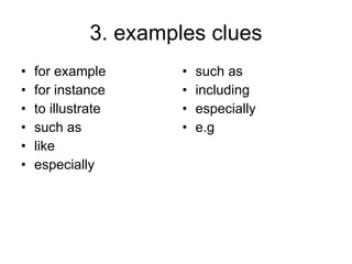 3. examples clues for example for instance to illustrate such as like especially such as including especially e.g 