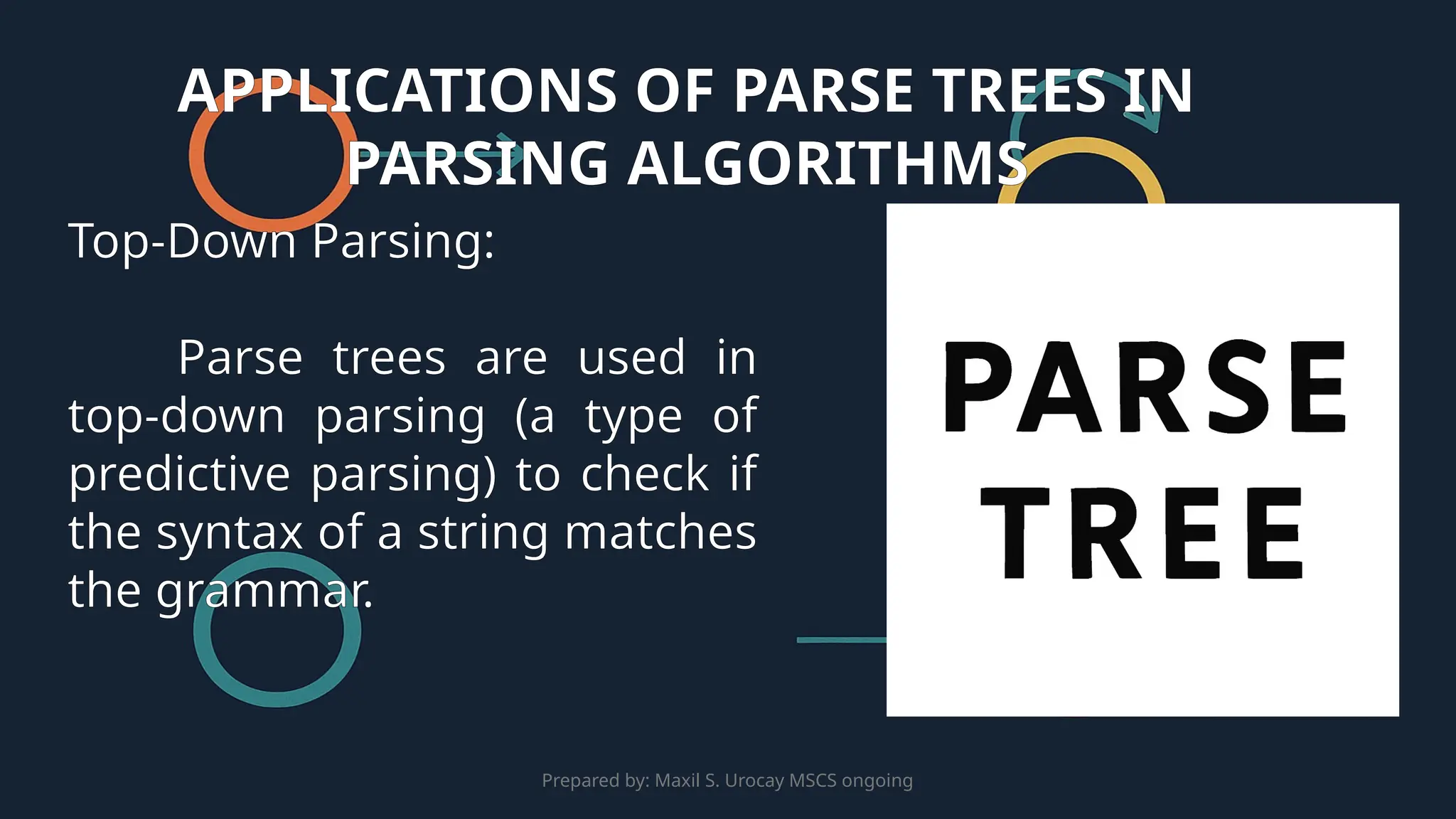 Prepared by: Maxil S. Urocay MSCS ongoing
Top-Down Parsing:
Parse trees are used in
top-down parsing (a type of
predictive parsing) to check if
the syntax of a string matches
the grammar.
APPLICATIONS OF PARSE TREES IN
PARSING ALGORITHMS
 