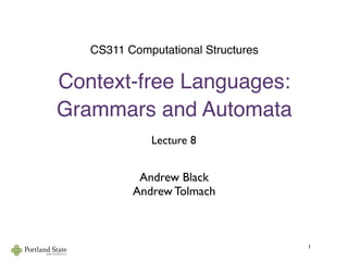 1
CS311 Computational Structures
Context-free Languages:
Grammars and Automata
Andrew Black
Andrew Tolmach
Lecture 8
 