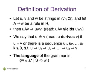 Deﬁnition of Derivation
• Let u, v and w be strings in (V ∪ Σ)*, and let
A →w be a rule in R,
• then uAv uwv (read: uAv yields uwv)
• We say that u v (read: u derives v) if
u = v or there is a sequence u1, u2, … uk,
k ≥ 0, s.t. u u1 u2 … uk v
• The language of the grammar is

 {w ∈ Σ* | S w }
14
*
*
 