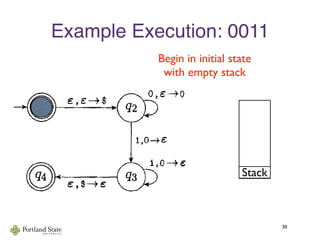 Example Execution: 0011
30
he PDA Ati that recognizes {on1" n >01
Stack
Begin in initial state
with empty stack
 
