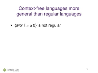 Context-free languages more
general than regular languages
• {anbn | n ≥ 0} is not regular
5
 