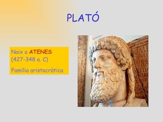 EL CONTEXT HISTÒRIC DE LA FILOSOFIA DE PLATÓ. La filosofia de Plató naix en el context polític de la  CRISI  D E LA  POLIS   D’ ATENES , la seua ciutat de naixement  a les darreries del s. V.a. C.   Què representava Atenes al segle V a.C.? Q uè és una polis? 