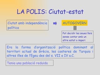 ATENES: L’optimisme Era un Estat  democràtic   LIMITACIONS:  Esclavitud  Negació de la ciutadania a dones, esclaus, estrangers i xiquets. Actitud d’OPTIMISME, de confiança en la raó humana per a comprendre la realitat i organitzar una polis on els ciutadans siguen feliços. Polis més important   al s.V a.C, sobre tot a l’era de Pericles entre 493-429 a.C.)   Hegemonia  militar  de la zona front a Esparta (polis basada en un  esperit militar ) Màxim esplendor de la vida cultural grega: grans edificacions, teatre de Sòfocles, filosofia dels sofistes 