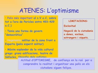 ATENES: La crisi Els polítics actuen de forma incorrecta: bé per incompetència, bé motivats per interessos personals que no de la comunitat Lluites polítiques pel poder entre partidaris de la democràcia i de l’oligarquia Guerres  del  Peloponès   (431-404 aC): Pèrdua d’Atenes front a Esparta CAUSES  