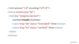<?xml version="1.0" encoding="UTF-8"?>
<trema masterLang="de">
<text key="progress.bar.start">
<context>header</context>
<value lang="de" status=“translated">View</value>
<value lang="en" status=“verified">View</value>
</text>
</trema>
trema file
 
