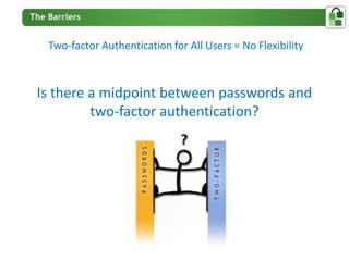 Two-factor Authentication for All Users = No Flexibility



Is there a midpoint between passwords and
         two-factor authentication?
 