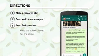DIRECTIONS
Make a research plan
Send welcome messages
Send first question
Reply
Send next question…
1
2
3
4
5
 