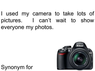 I used my camera to take lots of pictures.  I can’t wait to show everyone my photos.Synonym for pictures?