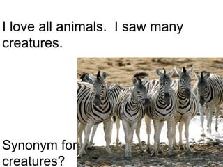 I love all animals.  I saw many creatures. Synonym for creatures?