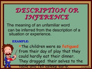 DESCRIPTION ORDESCRIPTION OR
INFERENCEINFERENCE
The meaning of an unfamiliar word
can be inferred from the description of a
situation or experience.
The children were so fatigued
from their day of play that they
could hardly eat their dinner.
They dragged their selves to the
table and fell asleep early.
EXAMPLE:
 