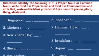 Directions: Identify the following if it is Proper Noun or Common
Noun. Write PN if it is Proper Noun and CN if it is Common Noun and
after that, write on the blank provided if it is a name of person, place,
thing, idea/event.
1. Singapore : ___ , _________
2. kitchen : ___ , _________
3. New Year’s Day: ___ ,
_________
4. Steven : ___ , _________
6. headband : ___ , _________
7. Hammer Head : ___ ,
_________
8. breakfast : ___ , _________
9. Japan : ___ , _________
 