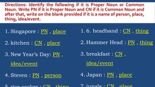 Directions: Identify the following if it is Proper Noun or Common
Noun. Write PN if it is Proper Noun and CN if it is Common Noun and
after that, write on the blank provided if it is a name of person, place,
thing, idea/event.
1. Singapore : PN , place
2. kitchen : CN , place
3. New Year’s Day: PN ,
idea/event
4. Steven : PN , person
1. 6. headband : CN , thing
2. Hammer Head : PN , thing
3. breakfast : CN ,
idea/event
4. Japan : PN , place
 