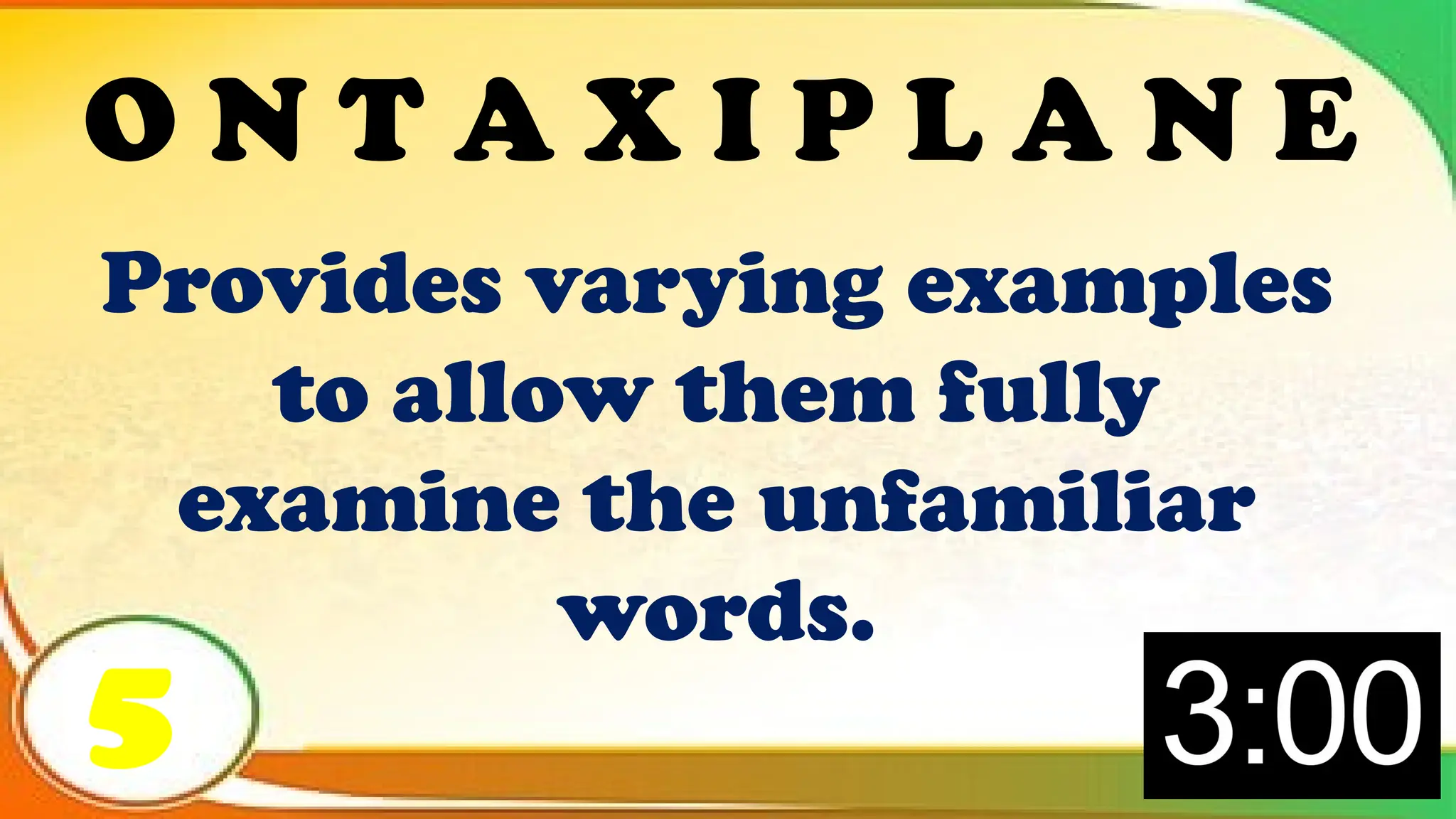 Provides varying examples
to allow them fully
examine the unfamiliar
words.
5
O N T A X I P L A N E
 