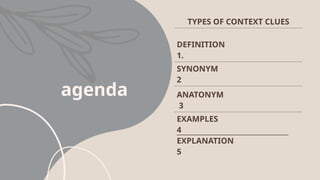agenda
TYPES OF CONTEXT CLUES
DEFINITION
1.
SYNONYM
2
ANATONYM
3
EXAMPLES
4
EXPLANATION
5
 