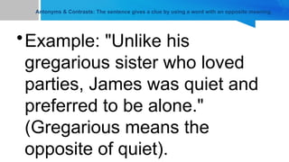 Gregaious Examples context clues and its type of context clues | PPTX